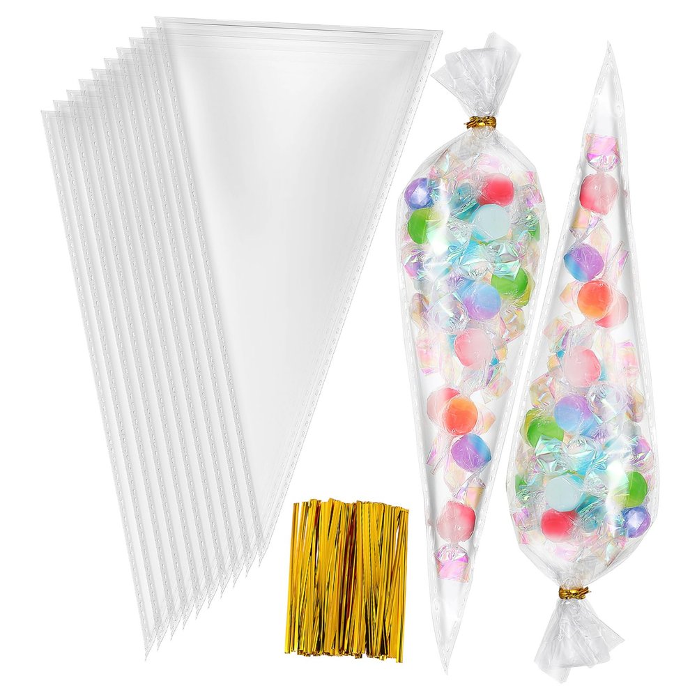 BIUDECO Transparent Cone Cellophane Candy Bags with Gold Ties Clear Gift Bags for Party Snack Packaging Food Safe Opp Material for Candy Chocolate Cookies Popcorn Birthday and Tea Parties