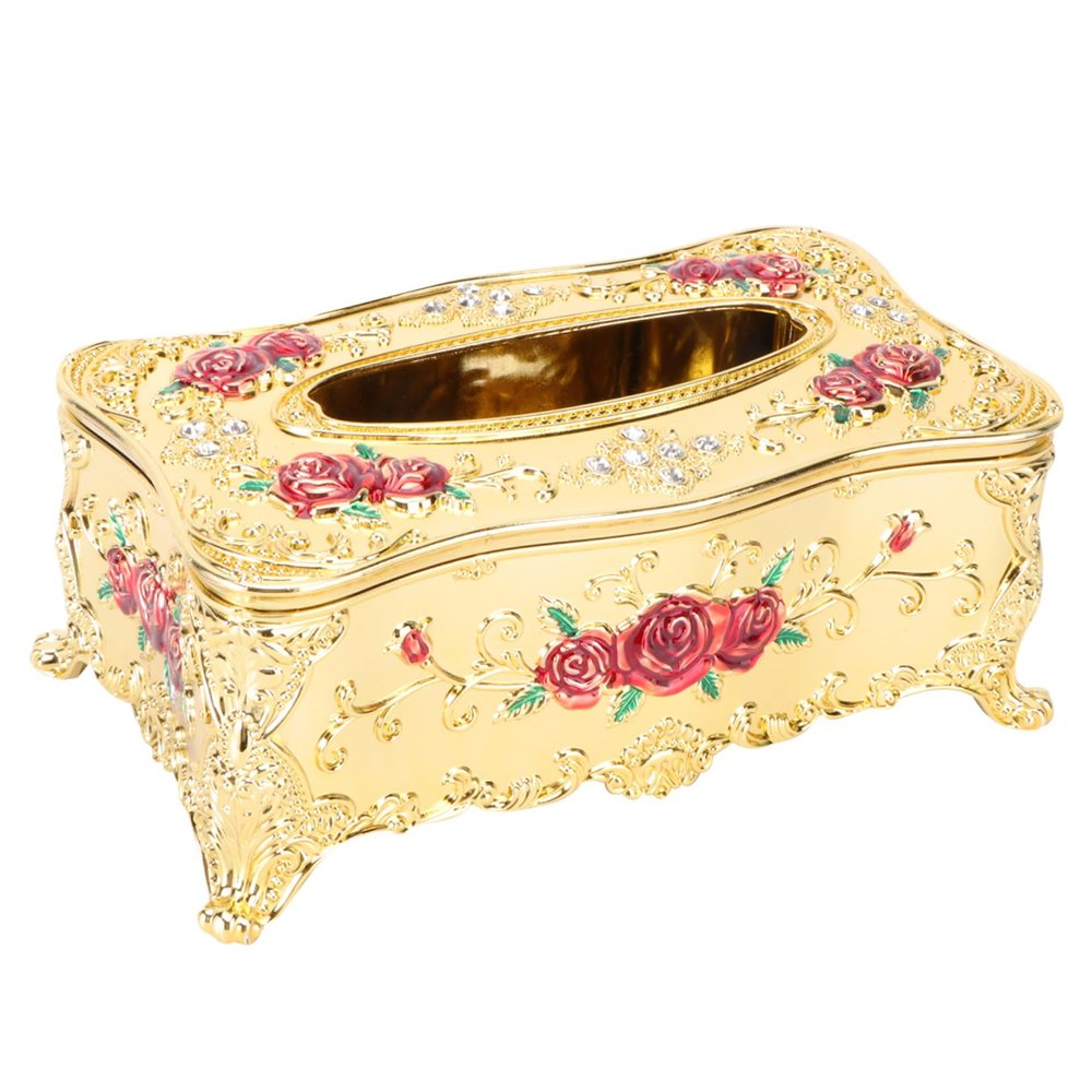 UKCOCO High End European Style Napkin Holder with Rose Pattern Detachable Tissue Box for Home Office Car Use Stylish Reusable Tissue Dispenser with Gold Edged Design