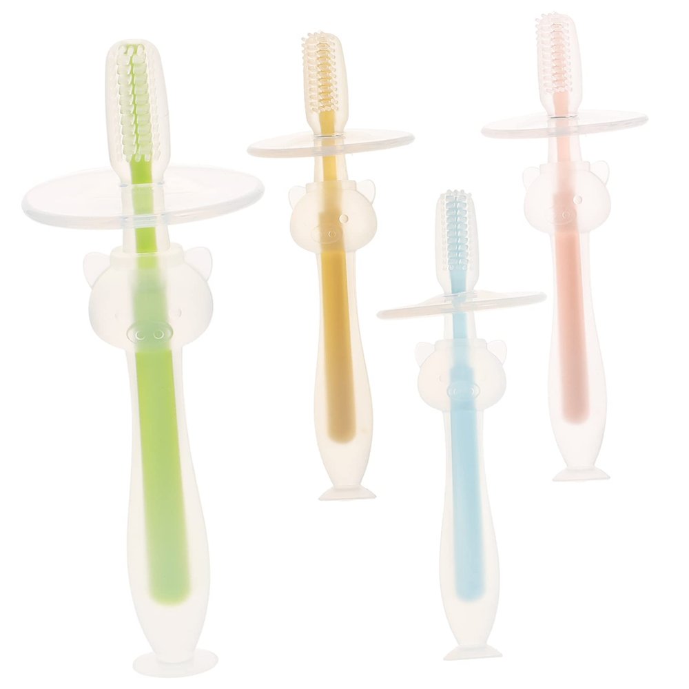 BIUDECO 4pcs Toothbrushes for Soft Silicone Bristles with Suction Base Ergonomic Handle Training Oral Care for Boy Girl Boys