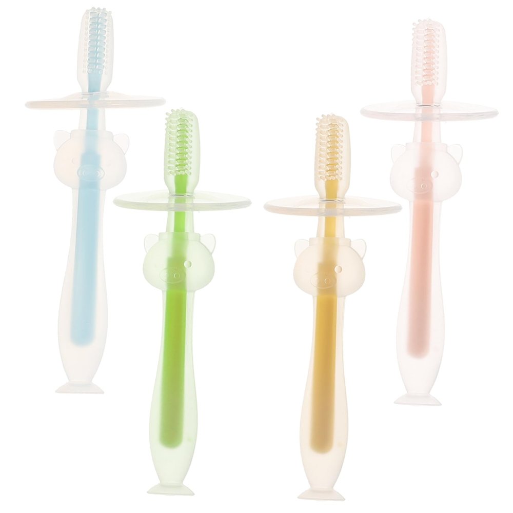 HONMEET 4pcs Silicone Toothbrush with Suction Base for Newborns and Soft Bristles for Gentle Gum and Tongue Cleaning Ergonomic Handle for Comfortable and Durable Oral Cleaner