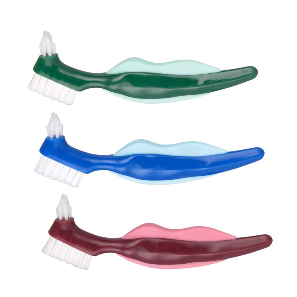 VICASKY 3pcs Double Headed Denture Cleaning Brush with Non Slip Handle Durable Hard Bristles for False Teeth Care Ergonomic Design for Easy Access Lightweight Portable Toothbrushes for