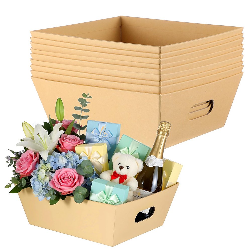 10 Pack Empty Gift Basket with Handle 9.84" X 8.39" Thick Cardboard Baskets For Gifts Empty Market Trays To Christmas Thanksgiving Fill Package Wrapping Wedding Birthday Easter Farmers Market