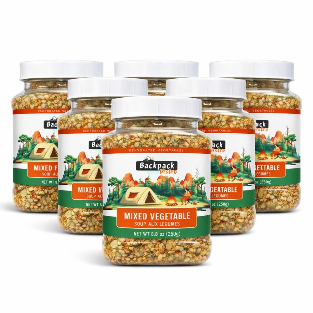 Backpack Bistro | PACK of 6 Dehydrated Mixed Vegetables 8.8 oz (250 g) | Includes Carrot, Spinach, Cabbage, Onion & Garlic | Emergency & Camping Food, Soup Mix, Stews, Ramen, Stir-Fries | Vegan, Non-Bioengineered | By Pride Of India