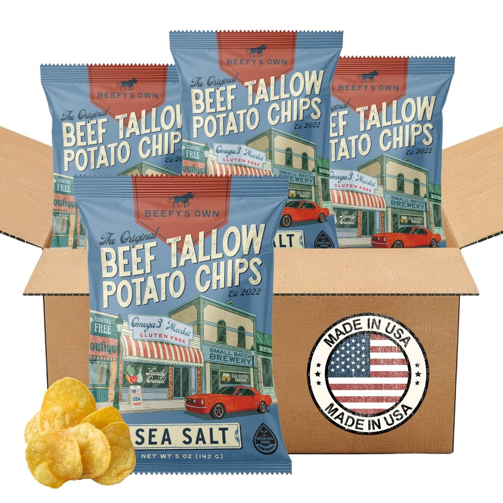 Beefys Own Beef Tallow Potato Chips - Kettle Chips Made Without Seed Oils, Gluten Free, Crispy, and Thick Cut - Old-Fashioned Small Batch Fried in Beef Tallow, Sea Salt (5 Oz, Pack of 4)