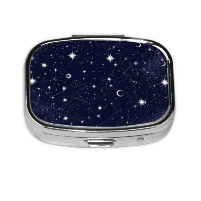 2 Compartment Medicine Pill Case for Purse & Pocket Metal Travel Pill Box (Zodiac Constellation Galaxy Starry Night Stars Glow in The Dark Midnight)