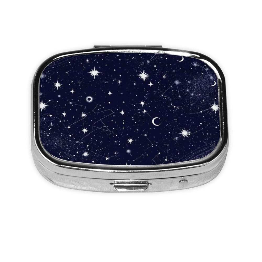 2 Compartment Medicine Pill Case for Purse & Pocket Metal Travel Pill Box (Zodiac Constellation Galaxy Starry Night Stars Glow in The Dark Midnight)