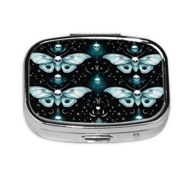 2 Compartment Medicine Pill Case for Purse & Pocket Metal Travel Pill Box (Occultism Goth Moth Dead Skull Moon)