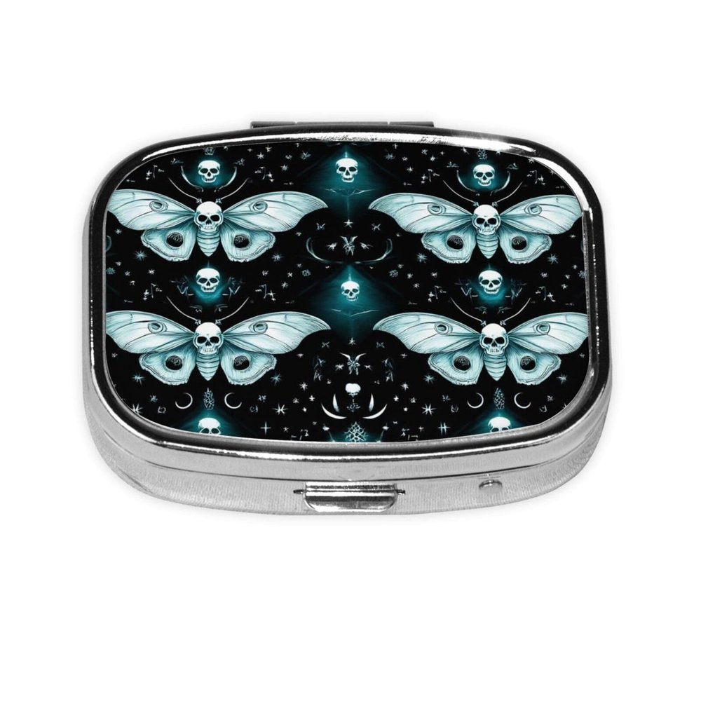 2 Compartment Medicine Pill Case for Purse & Pocket Metal Travel Pill Box (Occultism Goth Moth Dead Skull Moon)