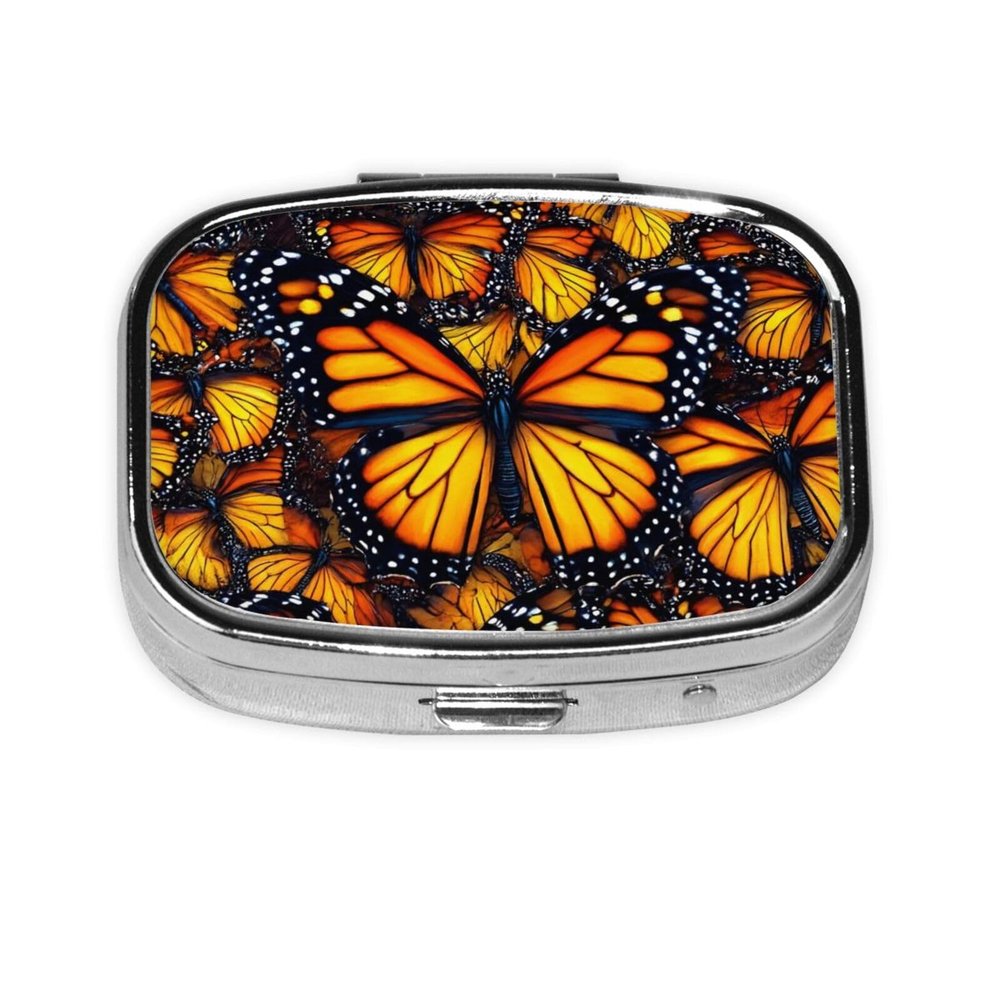 2 Compartment Small Pill Box for Purse & Pocket Metal Travel Pill Box (Beautiful Orange Monarch Butterfly)