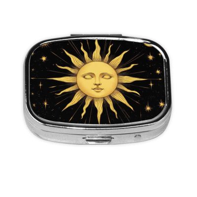 2 Compartment Small Pill Case for Purse or Pocket Pill for Travel Gifts (Tarot Card Magic Boho Vintage Sun Moon Stars)