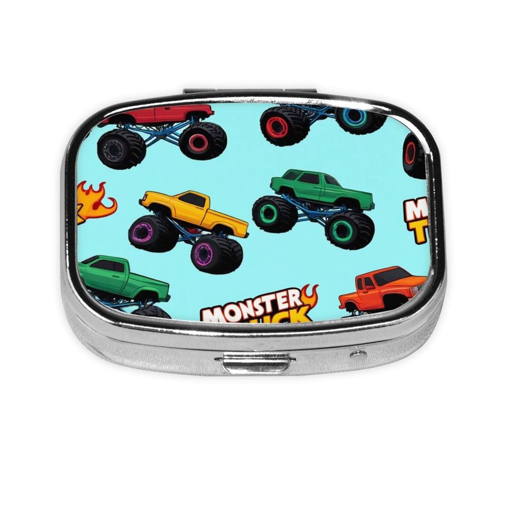 2 Compartments Travel Pill Organizer Box for Pocket Purse Daily Pill Holder Container for Medicine Vitamin (Monster Truck Cartoon)