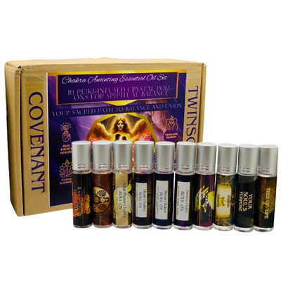 TWINSOUL COVENANT Twinflame Aromatherapy Roll-On Set 10 Chakra-Aligned Essential Oil Blends with Archangel Energy, Scripture, and Crystals 10ml Each for Meditation, Prayer & Energy Support