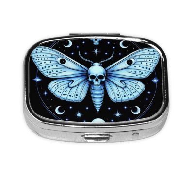 2 Compartments Travel Pill Organizer Box Small Pill Case for Pocket Purse for Medicine Vitamin (Goth Moth Dead Skull Moon)