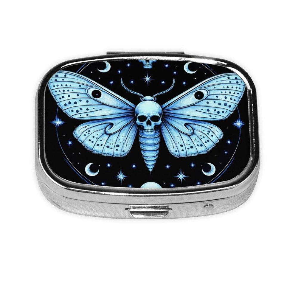 2 Compartments Travel Pill Organizer Box Small Pill Case for Pocket Purse for Medicine Vitamin (Goth Moth Dead Skull Moon)