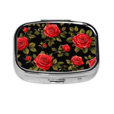 2 Compartments Travel Pill Organizer Box for Pocket Purse Daily Pill Holder Container for Medicine Vitamin (Floral Flowers Black Red Roses)
