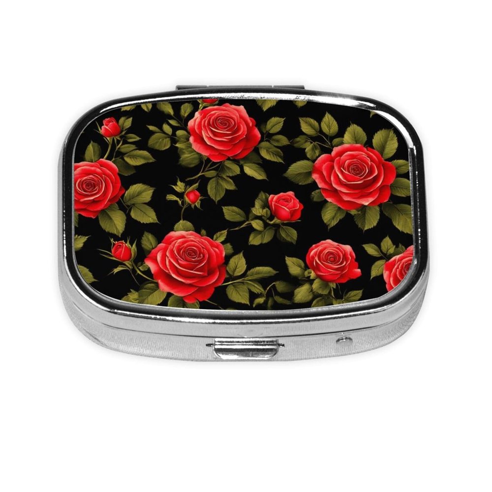 2 Compartments Travel Pill Organizer Box for Pocket Purse Daily Pill Holder Container for Medicine Vitamin (Floral Flowers Black Red Roses)