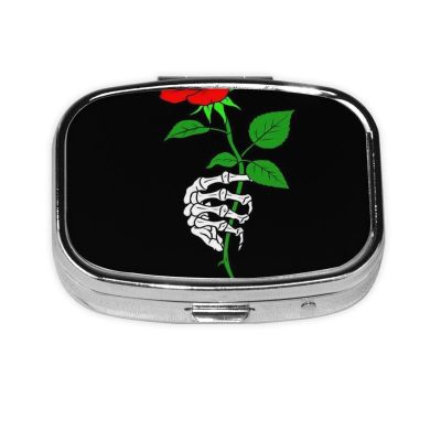 2 Compartment Small Pill Box for Purse & Pocket Metal Travel Pill Box (Black Goth Skull Skeleton Hand Holding Red Rose)