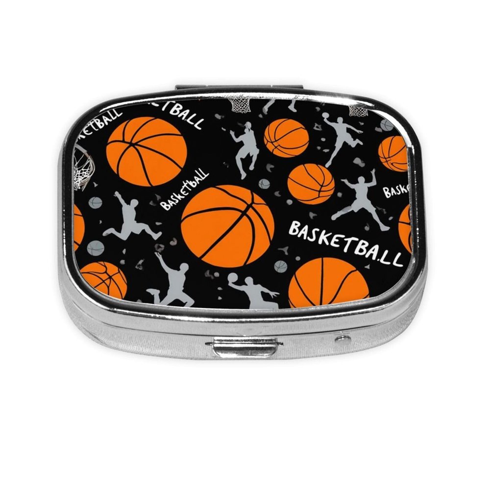 2 Compartments Travel Pill Organizer Box for Pocket Purse Daily Pill Holder Container for Medicine Vitamin (Game Sports Basketball Print)