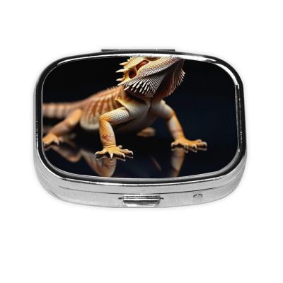 2 Compartments Travel Pill Organizer Box Small Pill Case for Pocket Purse for Medicine Vitamin (Cool Bearded Dragon Lizards Animal Black)