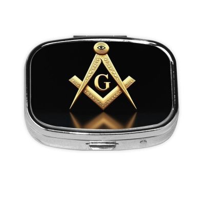 2 Compartments Travel Pill Organizer Box for Pocket Purse Daily Pill Holder Container for Medicine Vitamin (Gold Freemason Freemasonry Masonic)