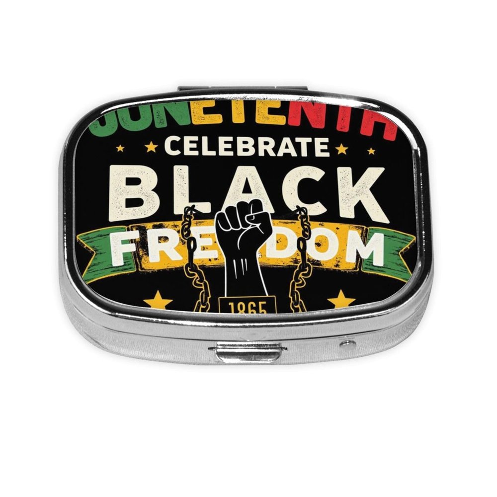 1865 Black Freedom Juneteenth Pill Box with Mirror 2 Compartment Rectangular Pill Box or Vitamins, Fish Oil, Supplements