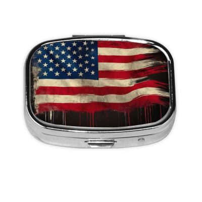 2 Compartment Small Pill Box for Purse & Pocket Metal Travel Pill Box (American Flag Art)