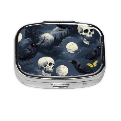 2 Compartments Travel Pill Organizer Box Small Pill Case for Pocket Purse for Medicine Vitamin (Halloween Full Moon Raven Goth Skulls)