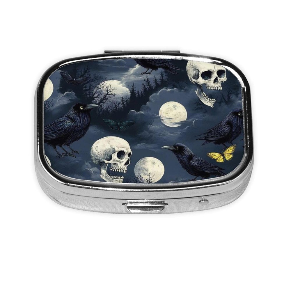2 Compartments Travel Pill Organizer Box Small Pill Case for Pocket Purse for Medicine Vitamin (Halloween Full Moon Raven Goth Skulls)
