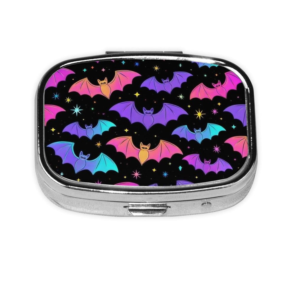 2 Compartments Travel Pill Organizer Box Small Pill Case for Pocket Purse for Medicine Vitamin (Halloween Cool Bats)