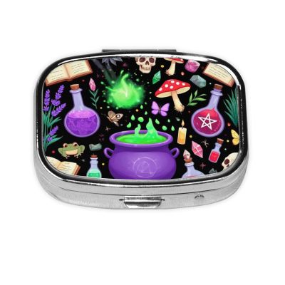 2 Compartment Medicine Pill Case for Purse & Pocket Metal Travel Pill Box (Witch Witchy Mushroom Skull Goth Gothic Black)