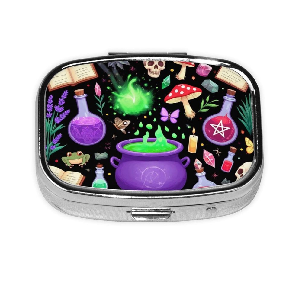 2 Compartment Medicine Pill Case for Purse & Pocket Metal Travel Pill Box (Witch Witchy Mushroom Skull Goth Gothic Black)