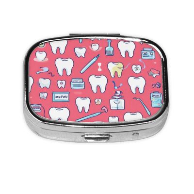 2 Compartment Small Pill Case for Purse or Pocket Pill for Travel Gifts (Teeth Dental Seamless Pattern Pink)