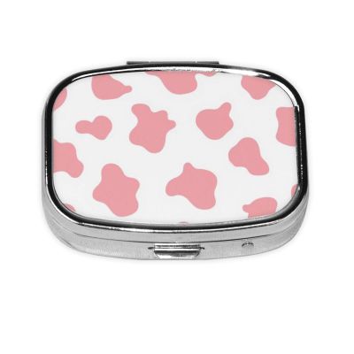2 Compartment Small Pill Box for Purse & Pocket Metal Travel Pill Box (Cute Cow Print Pink)