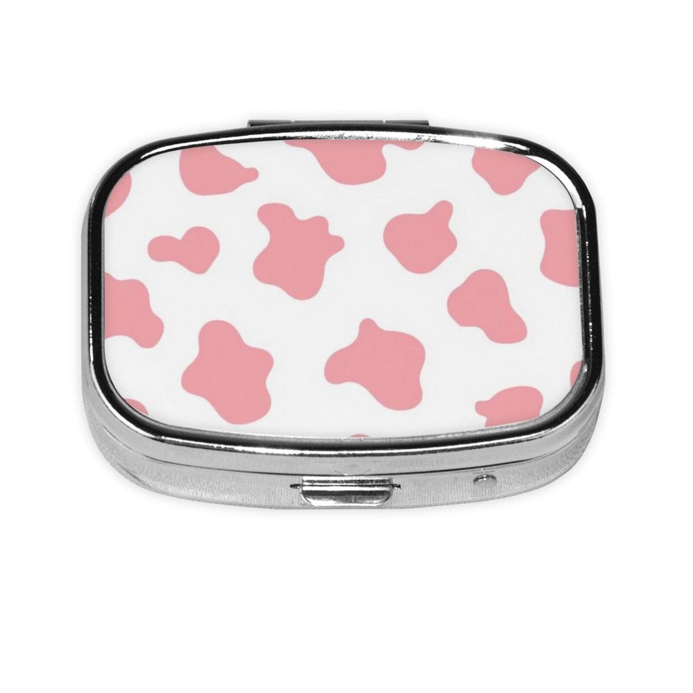 2 Compartment Small Pill Box for Purse & Pocket Metal Travel Pill Box (Cute Cow Print Pink)