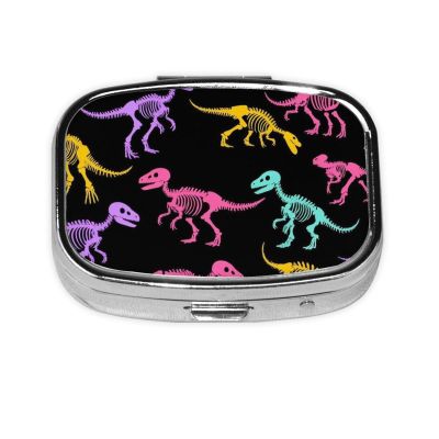 2 Compartment Small Pill Box for Purse & Pocket Metal Travel Pill Box (Dinosaurs Skeletons Colorful Print)