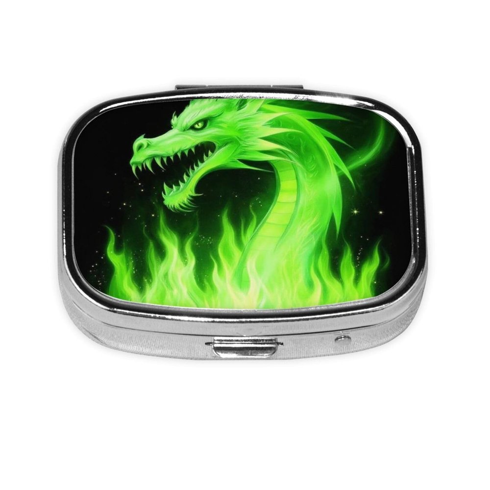 2 Compartments Travel Pill Organizer Box for Pocket Purse Daily Pill Holder Container for Medicine Vitamin (Black Green Fire Dragon)