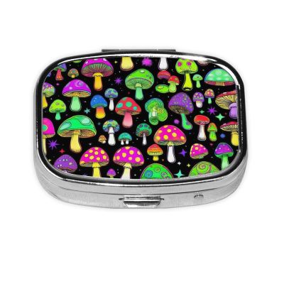 2 Compartment Small Pill Box for Purse & Pocket Metal Travel Pill Box (Trippy Magic Neon Mushrooms)
