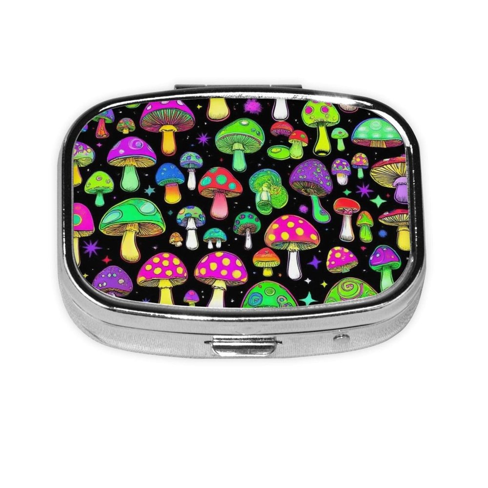 2 Compartment Small Pill Box for Purse & Pocket Metal Travel Pill Box (Trippy Magic Neon Mushrooms)