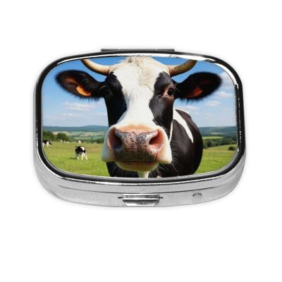 2 Compartment Small Pill Box for Purse & Pocket Metal Travel Pill Box (Cute Milk Cow)