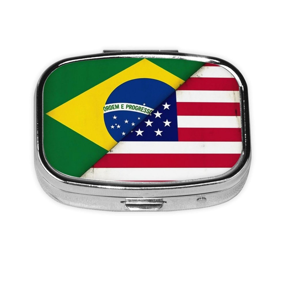 2 Compartment Small Pill Box for Purse & Pocket Metal Travel Pill Box (Brazil and USA American Grunge Flag)