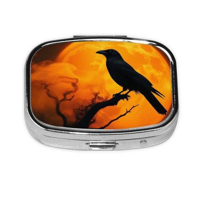 2 Compartment Medicine Pill Case for Purse & Pocket Metal Travel Pill Box (Full Moon Goth Gothic Crow Raven Bird)