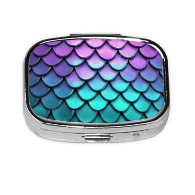 2 Compartments Travel Pill Organizer Purple Turquoise Sparkling Mermaid Scales Pattern Daily Pill Case