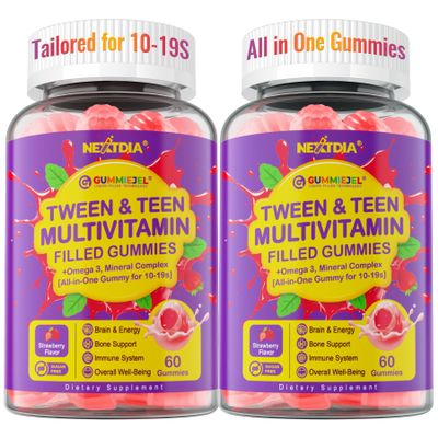 Multivitamin Filled Gummies for Teen Boys Girls 12-17, 18, 19, Kids 10+ Multivitamin with Omega 3, Calcium + Magnesium + Zinc, Multi-Minerals for Adolescent 10-19S Brain, Bone, Energy, Immune, 2Pack
