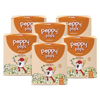 Peppy Pops | PACK of 6, Jalapeno & Cheesy Delight Foxnuts 2 oz (57 gm) Spicy Cheesy Puffed Snack Roasted Indian Makhana Gluten-Free, High Protein Healthy Cheese Snacks By Pride of India