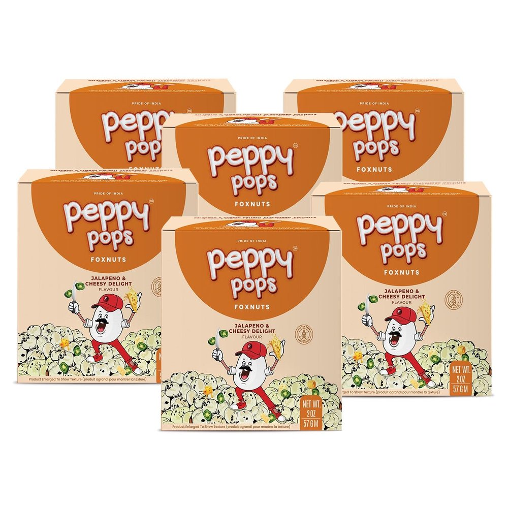 Peppy Pops | PACK of 6, Jalapeno & Cheesy Delight Foxnuts 2 oz (57 gm) Spicy Cheesy Puffed Snack Roasted Indian Makhana Gluten-Free, High Protein Healthy Cheese Snacks By Pride of India