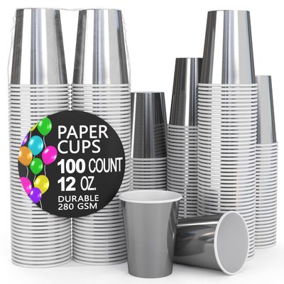 Party Solids Silver Paper Cups 12 oz Durable Disposable Cups 100 Paper Tumblers for Hot Drinks and Cold Drinks Thick 280 GSM Hot Cup for Tea & Coffee Cup To Go Fun Colors for Parties & Events
