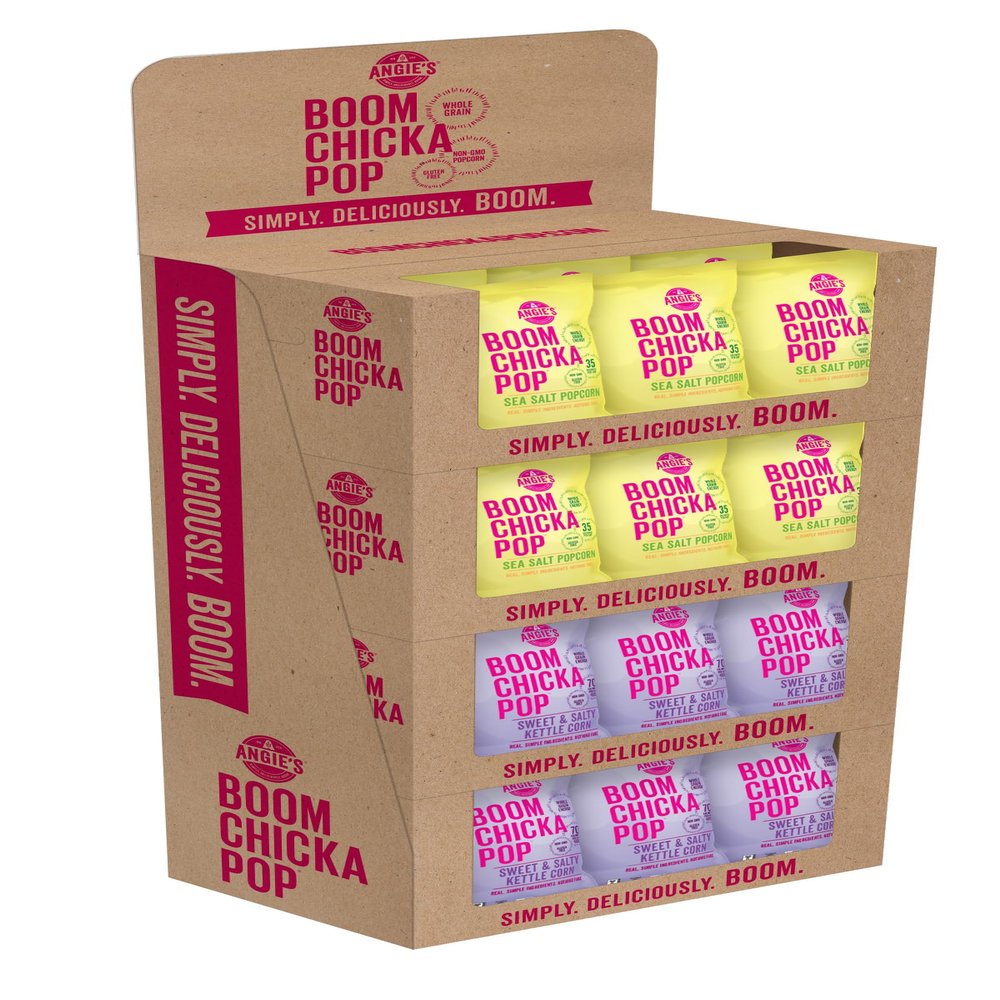 Angie's BOOMCHICKAPOP Popcorn Mixed Shipper, Sweet & Salty Kettle Corn 7 oz. + Sea Salt Flavors 4.8 oz. Bags, (Pack of 24) Each Flavor