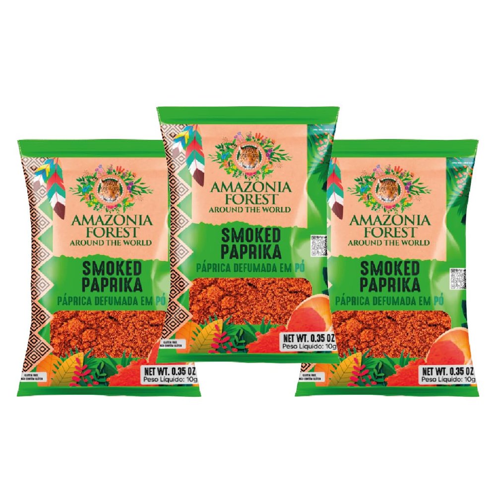 Amazonia Forest Smoked Paprika From Brazil, Pack 3 Units - Sweet & Smoky Flavor for Marinades, Meats & Dressings, Additive Free (3 x 0.35 Oz Pack)