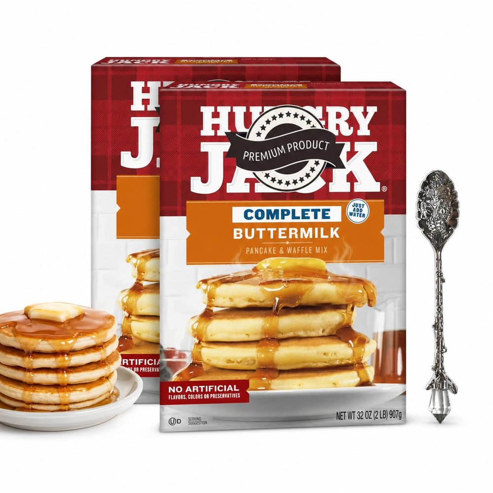 Complete Buttermilk Pancake and Waffle Mix, 32 oz Boxes (Pack of 2) Easy Just Add Water Breakfast Baking Mix with Candy Freezer Gem Spoon (Buttermilk) Gem Spoon