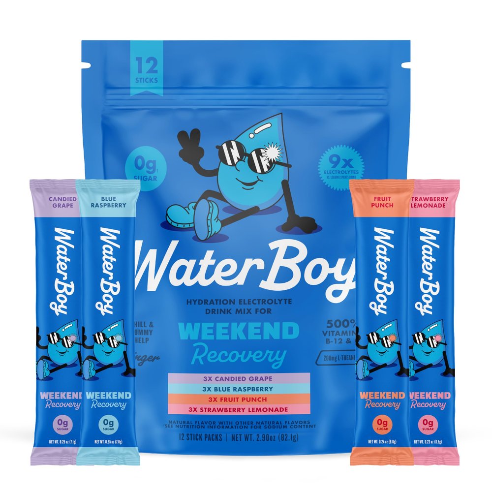 Waterboy Weekend Recovery Sample Pack | 3,200mg Electrolyte Powder Packets | Ginger + L-Theanine + Vitamins | No Sugar, All Natural, Gluten Free | 12 Drink Stick Mixes (Sample Pack)